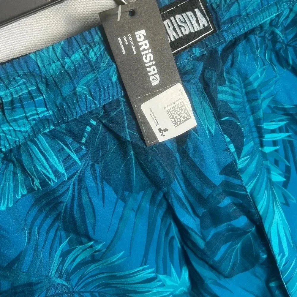 Brisira Mens Tropical Swim Trunks Blue Palm Print Quick Dry Lined 9” Inseam